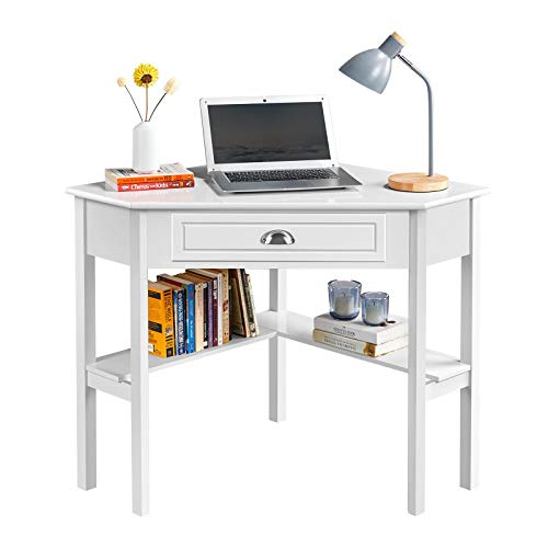 Yaheetech Corner Writing Study Desk Computer Workstation w/Drawer & Shelf + PU Leather Low Back Armless Desk Chair with/Wheels for Home Office Living Room, Office Accent Furniture Set of 2, White