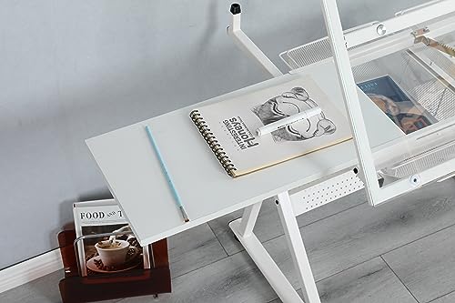 HOYA PONYOO Drafting Printing Table with Chair and Storage, Tempered Glass, Adjustable Tilt, White