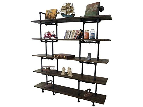 Eugene Modern Industrial 71-Inch Tall x 64-Inch Wide Large Storage 5-Shelf Pipe Bookcase Etagere Metal And Reclaimed Aged Finish With Sustainable Solid Wood (Dark Brown Stained wood)