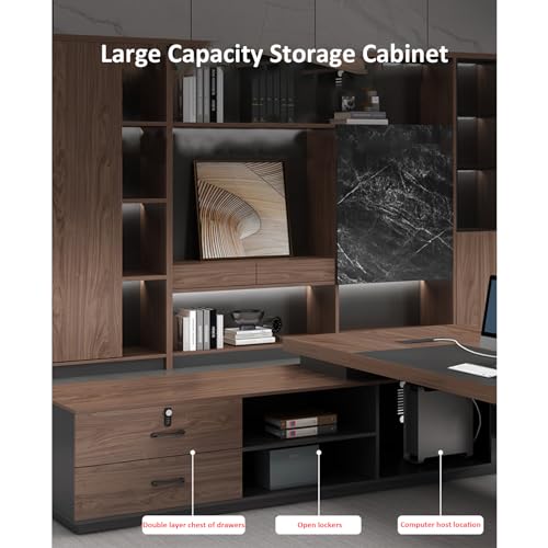 KAGUYASU Modern Wood L-Shape Executive Desk with Led, Cable Management, Brown (63" L x 31.5" W x 29.5" H)