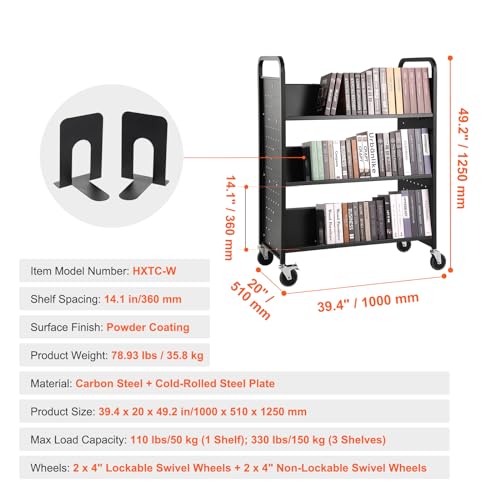 VEVOR Rolling Book Cart, 330 lbs Library Cart, Double Sided W-Shaped Sloped Shelves, 4-Inch Lockable Wheels - Black