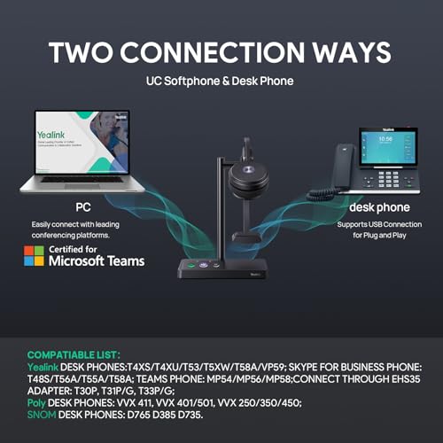 Yealink WH62 Mono Wireless DECT Headset - Teams Certified, Noise Cancelling, 525 ft Wireless Range