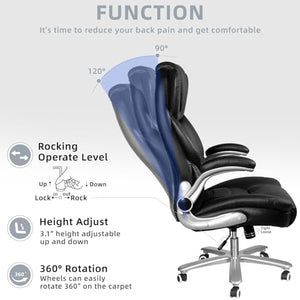 Sucrever Black Executive Office Chair with Flip-up Arms, Big and Tall 400lbs Capacity, High Back Leather, Lumbar Support, Adjustable Heavy Duty Computer Desk Chair