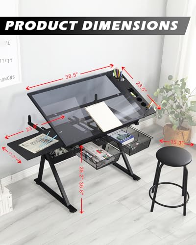 LifeSky Drafting Table Adjustable Art Desk with Glass Top and Stool - Black