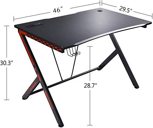 Gaming Desk 46" with USB Port, Racing Style Computer Desk with Cup Holder and Headphone Hook, Gaming PC Desk for Home Office Workstation 46" W x 29.5" D, Black