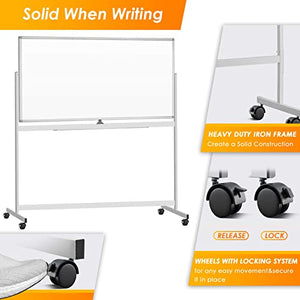 Double Sided Rolling Whiteboard, Mobile Whiteboard Magnetic White Board - 72 x 36 inches Large Reversible Dry Erase Board Easel Standing Board on Wheels with Silver Aluminum Frame and Stand