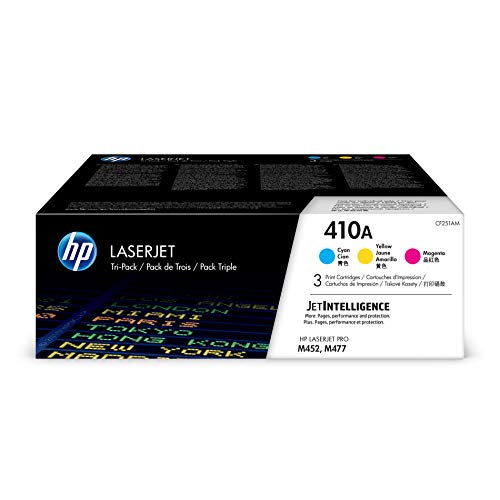HP 410A Toner Cartridge Cyan, Yellow & Magenta, 3 Toner Cartridges (CF411A, CF412A, CF413A) for HP Color LaserJet Pro M452dn M452dw M452nw MFP M377dw MFP M477fdn MFP M477fdw MFP M477fnw
