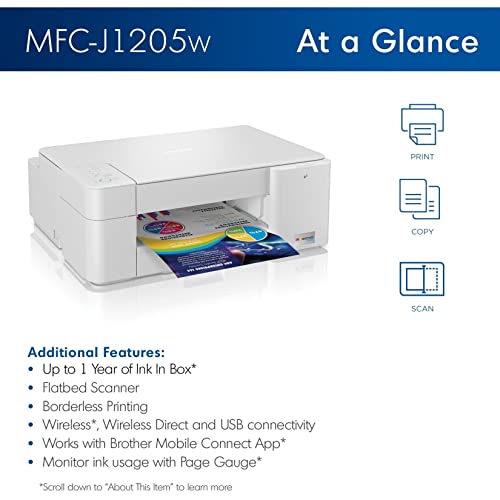 Brother MFC-J1205W INKvestment Tank Wireless Multi-Function Color Inkjet Printer with Up to 1-Year in Box,white