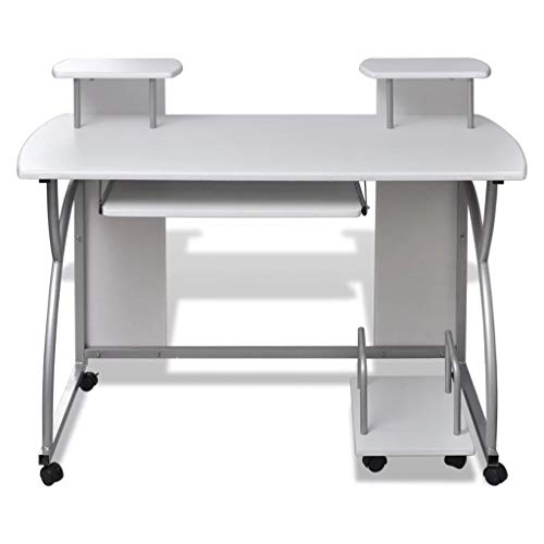 Computer Desk with Pull-Out Keyboard Tray White Cart Game Laptop Table，Modern Computer Writing Game Player Command Center Workstation Desktop Home Office, Single