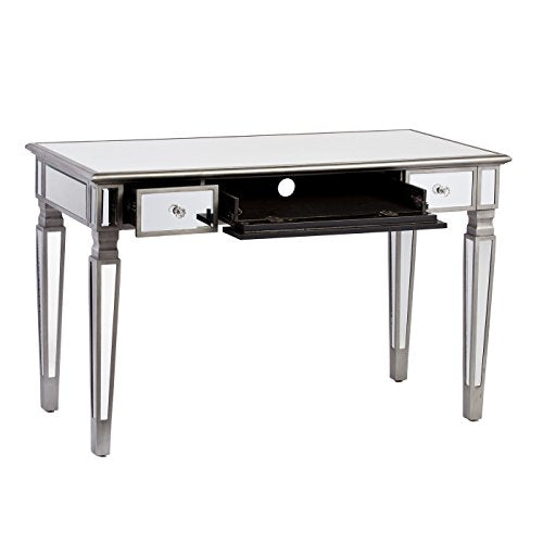 Rectangular Mirrored Writing Desk with 2 Drawers and Keyboard Tray Made w/ Glass and Manufactured Wood in Clear/Gray 30'' H x 48'' W x 23'' D in.