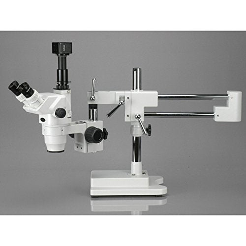 AmScope ZM-4TW3 Professional Trinocular Stereo Zoom Microscope, EW10x and EW25x Eyepieces, 2X-225X Magnification, 0.67X-4.5X Zoom Objective, Ambient Lighting, Double-Arm Boom Stand, Includes 0.3x and 2.0x Barlow Lenses