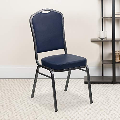 BizChair 4 Pack Crown Back Stacking Banquet Chair Navy Vinyl Silver Vein Frame