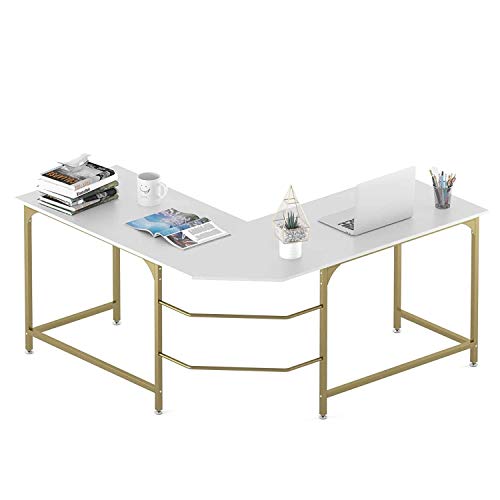 String Lights 59" Large L Shaped Desk Corner Computer Desk Gaming Table Workstation for Home Office (Color : Large, Size : White+Gold Frame)