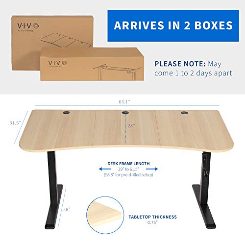 VIVO Height Adjustable Stand Up Desk, Crank System, Complete Workstation with 3 Section Light Wood Table Top, Black Frame, DESK-KIT-1MBC