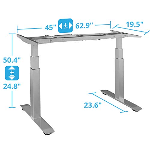 Seville Classics OFF65874 Airlift S3 Electric Height Adjustable Standing Desk Frame with 4 Memory Button LCD Controller, Extendable 45" to 62.9" W Gray