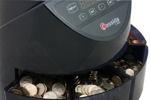 Cassida C100 Electronic Coin Sorter/Counter, Countable coins 1¢, 5¢, 10¢, 25¢, 250 coins/min, 110 VAC