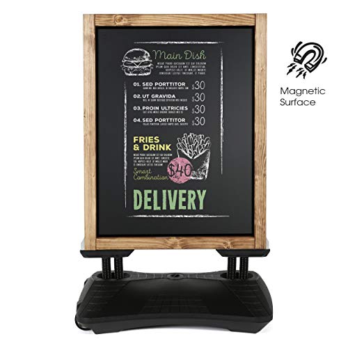 M&T Displays WindPro Wind Resistant Fir Wood Outdoor Pavement Sidewalk Sign with Magnetic Chalkboard, Durable HDPE Water Base and 2 Magnetic PET Covers (23.2x30.7, Dark Wood - Black)