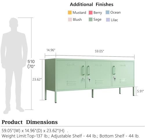 Aiasuit Metal TV Stand Lockers with Adjustable Dividers - Green, 23.62”H x 59.05”W x 14.96”D