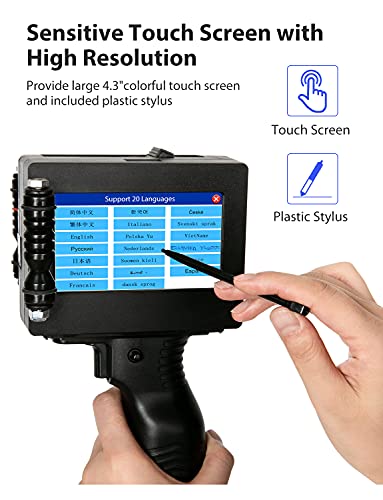 Portable Handheld Inkjet Printer with 4.3 Inch HD LED Touch Screen Intelligent Upgraded Inkjet Coding Machine Quick-Drying Labeler for Date Logo Barcode Number QR Code on Bottle, Support 20 Languages