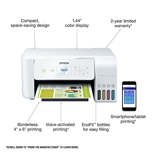 Epson EcoTank ET Series All-in-One Supertank Inkjet Printer for Cartridge-Free Home Printing, Wireless, Print, Scan, Copy - White