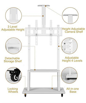 Generic Universal TV Stand for 32-70 Inch TVs - White, Adjustable Height, Rolling Floor Trolley Cart with AV Camera Shelf - 100kg Capacity