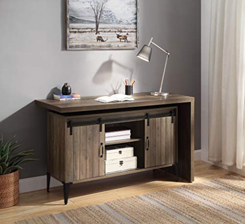 Knocbel Industrial Swivel Computer Desk with Sliding Barn Door Storage Cabinet and Cord Management, Home Office Workstation Writing Desk with Metal Legs (Rustic Oak and Black)