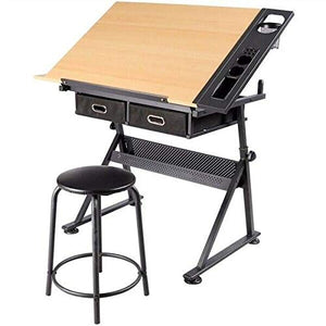 DXXWANG Height Adjustable Drafting Table Tiltable Tabletop Drawing Table Desk with Stool