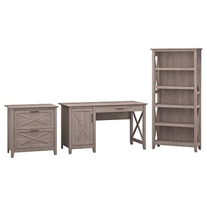 Bush Furniture Key West 54W Computer Desk with Storage, 2 Drawer Lateral File Cabinet and 5 Shelf Bookcase in Washed Gray
