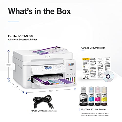 Epson EcoTank ET-3850 Wireless Color All-in-One Cartridge-Free Supertank Printer with Scanner, Copier, ADF and Ethernet – The Perfect Printer for Your Home Office