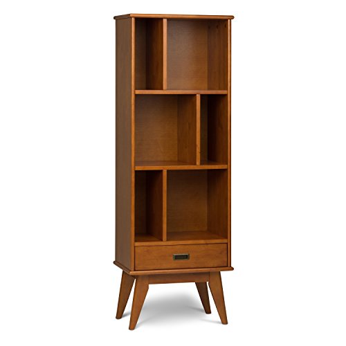 Simpli Home 3AXCDRP-12-TK Draper Solid Hardwood 64 inch x 22 inch Mid Century Modern Bookcase and Storage Unit in Teak Brown