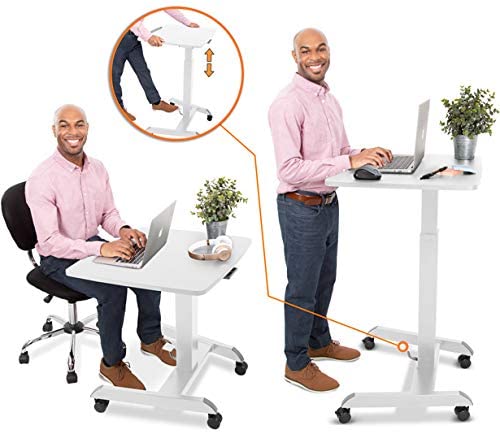 Stand Steady Mobile Podium Desk | Pneumatic Height Adjustment | Tilting Desktop | Rolling Laptop Stand | White