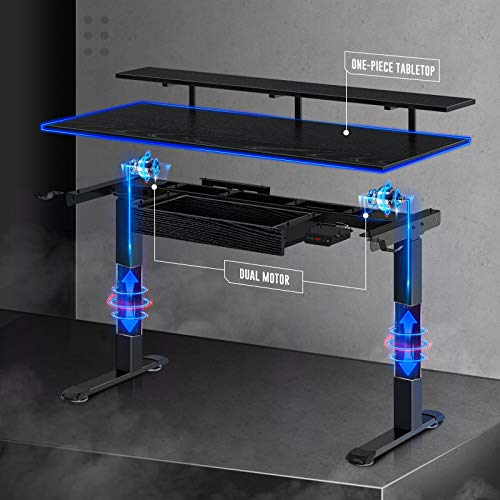 Rolanstar Adjustable Height Desk with Drawer 55" Dual Motor Standing Desk with USB Charging Ports, Stand Up Home Office Desk with Shelf, Double Headphone Hook, Black