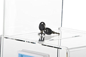 Floor-Standing Ballots Box with Side Pocket for Entry Forms and (2) 8.5x11 Sign Holders, Locking Door - Clear Acrylic Box with Black Steel Pedestal Stand