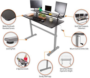 Stand Steady Tranzendesk 55 in Standing Desk with Clamp On Shelf | Easy Crank Height Adjustable Stand Up Workstation w/Attachable Monitor Riser | Holds 3 Monitors & Adds Desk Space (55/Silver Base)