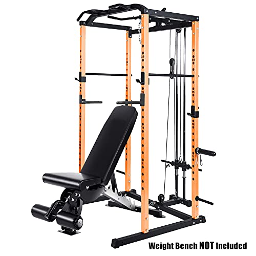 Vanswe Power Cage with LAT Pull Down Attachment, 1000-Pound Capacity Power Rack Full Home Gym Machine with Multi-Grip Pull-up Bar and Dip Handle (Orange)