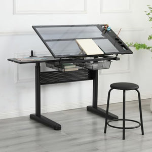 AUTIGERSAFE Drafting Table with Glass Top, Height Adjustable, Tilting Desk, 2 Drawers, Stool - Home Office Art Station