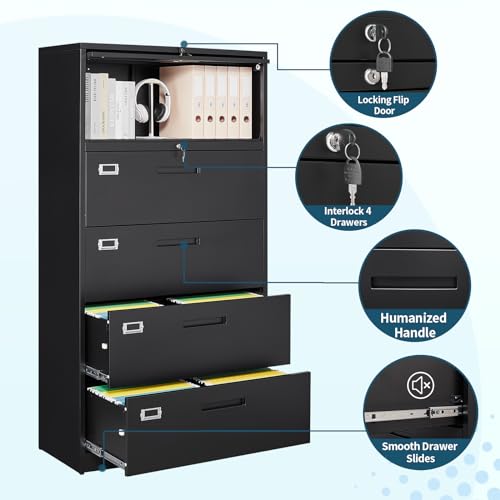 MIIIKO 4 Drawer File Cabinet with Shelf, 5 Tier Metal Lateral Filing Cabinet - 36" Wide, Lockable - Home Office Storage