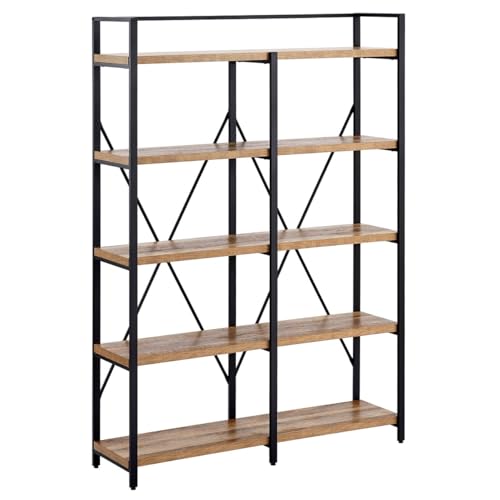 FATORRI Industrial 5 Tier Bookshelf, Rustic Wood Etagere Bookcase