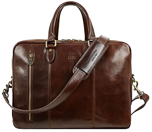 Leather Laptop Briefcase - Full Grain Leather Computer Bag for Men and Women - Time Resistance (Brown)