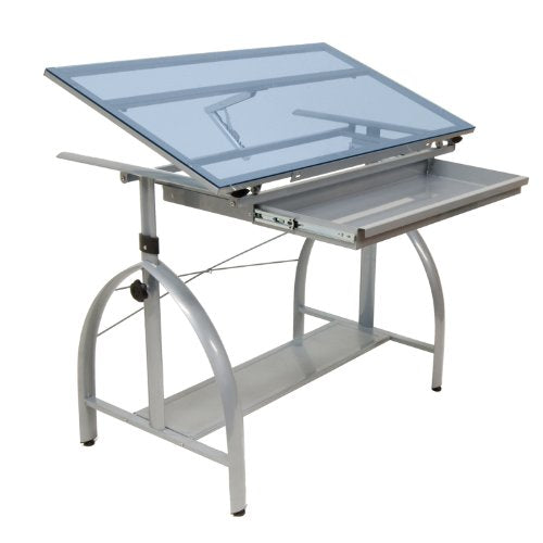 Offex Avanta Drafting Table Silver/Blue Glass