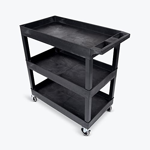 Stand Steady Tubstr 3 Shelf Utility Push Cart 2 Pack - Heavy-Duty Plastic Service Cart, 300 lbs Capacity, Black (32 x 18)