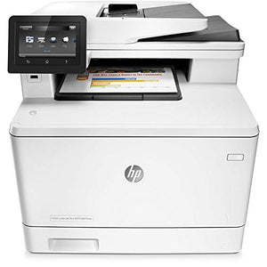 HP Color Laserjet Pro M477fdw All-in-One Laser Printer with Power Strip Surge Protector and Electronics Basket Microfiber Cleaning Cloth