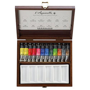 Sennelier French Artists' Watercolor Walnut Box Set, 10ml Tubes, 0.33 Fl Oz (Pack of 12), Multicolor