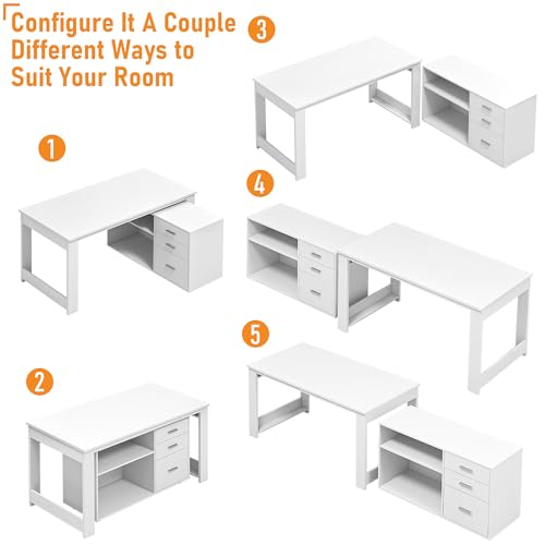 MU White L Shaped Desk with Drawers - 55 inch