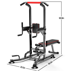 AT-X Power Tower Dip Station Pull Up Bar with Dumbbell Bench, 6 Level Adjustable Height (60-92 inches) for Home Gym Strength Training Fitness Equipment, Bearing 330lbs [US Stock]