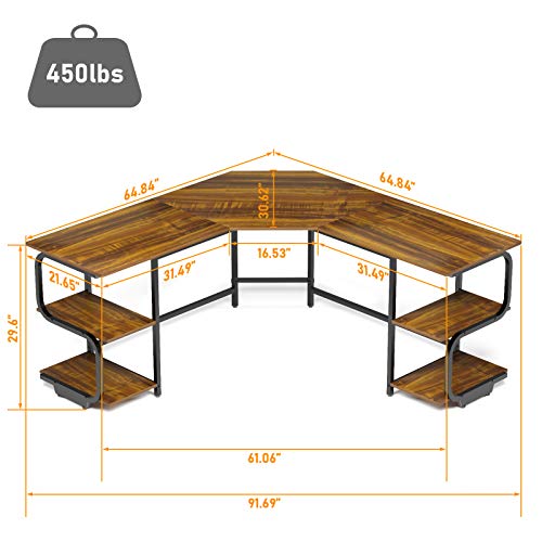 Teraves Reversible L Shaped Desk with Shelves Round Corner Computer Desk Gaming Table Workstation for Home Office