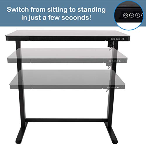 Jefferson Electric Height Adjustable Standing Desk with Drawer, 47.37” x 23.75” Glass Desktop, USB and USB-C, Motorized Uplift, Built-in Ergonomic Memory Controller Keypad (Black)