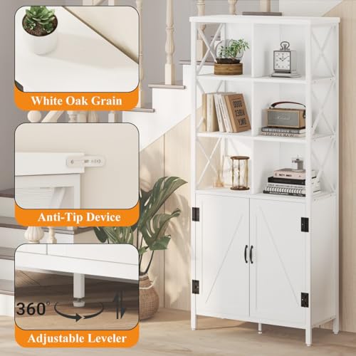 FATORRI Metal and Wood Bookcase with Doors, Tall Cubby Organizer Shelf (White Oak)