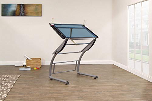Offex Home Triflex Drawing Table, Sit to Stand Up Desk, Silver/Blue Glass