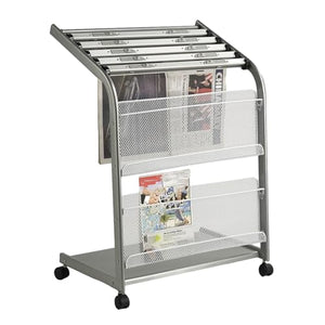 YANBI Magazine Holder Newspaper Display Rack with Wheels, Silver Mesh Desk Organizer Stand